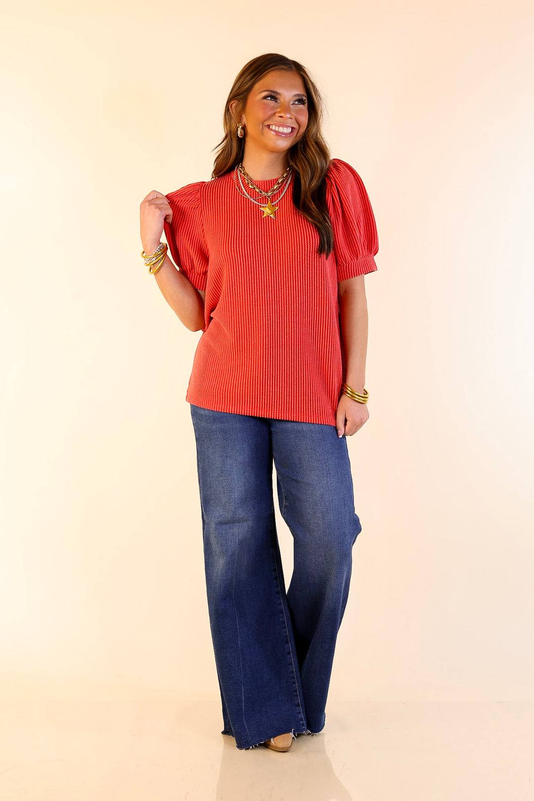 Sweet Sophistication Puff Short Sleeve Ribbed Top with Scoop Neck in Red