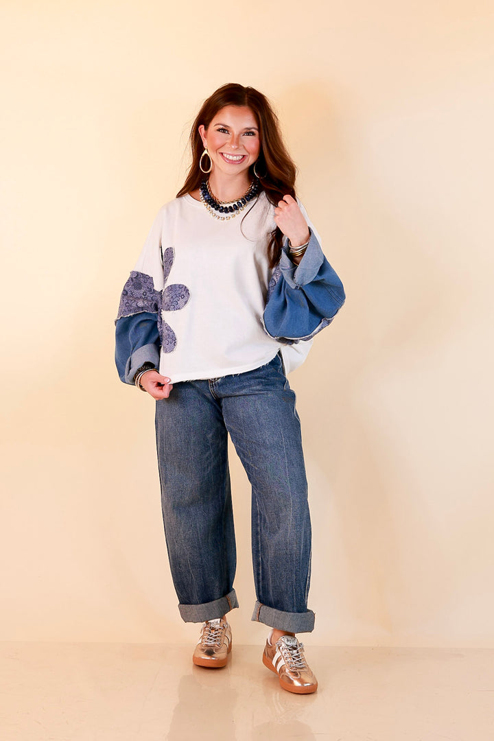 Blooming Details Oversized Floral Appliqué Contrast Sleeve Raw Hem Top in Ivory and Denim Blue