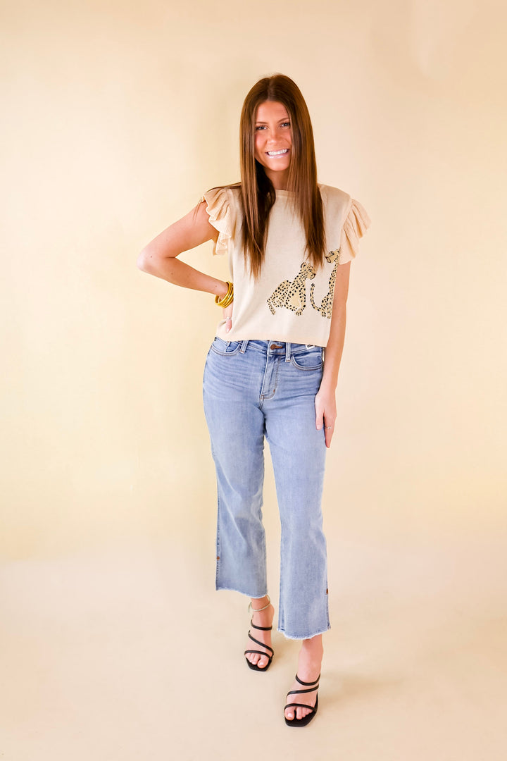Talk This Way Cheetah Print Sweater with Ruffle Cap Sleeves in Beige - Giddy Up Glamour Boutique