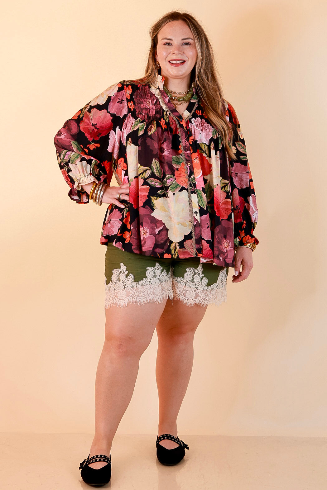 Pretty Little Something Solid Drawstring Shorts with Lace Trim in Olive Green