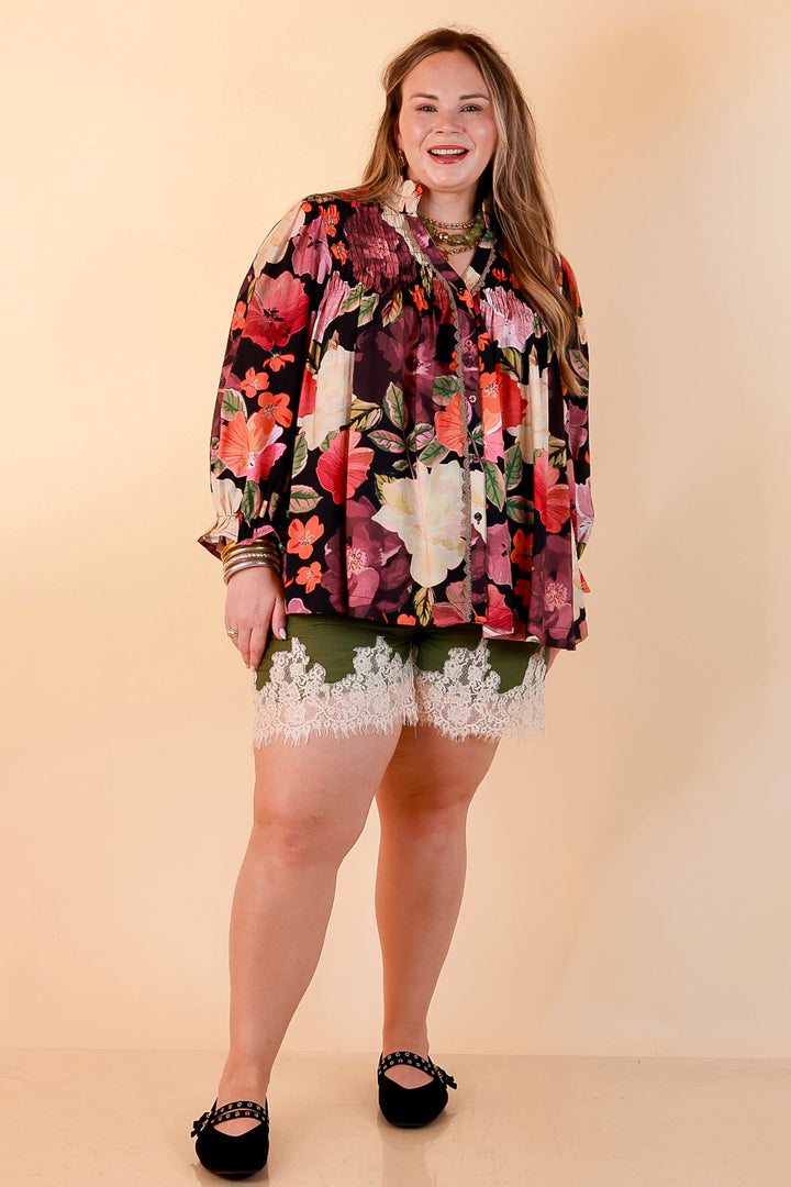 Pick of the Bunch Smocked Shoulder Button Front Floral Print Blouse in Black Multi