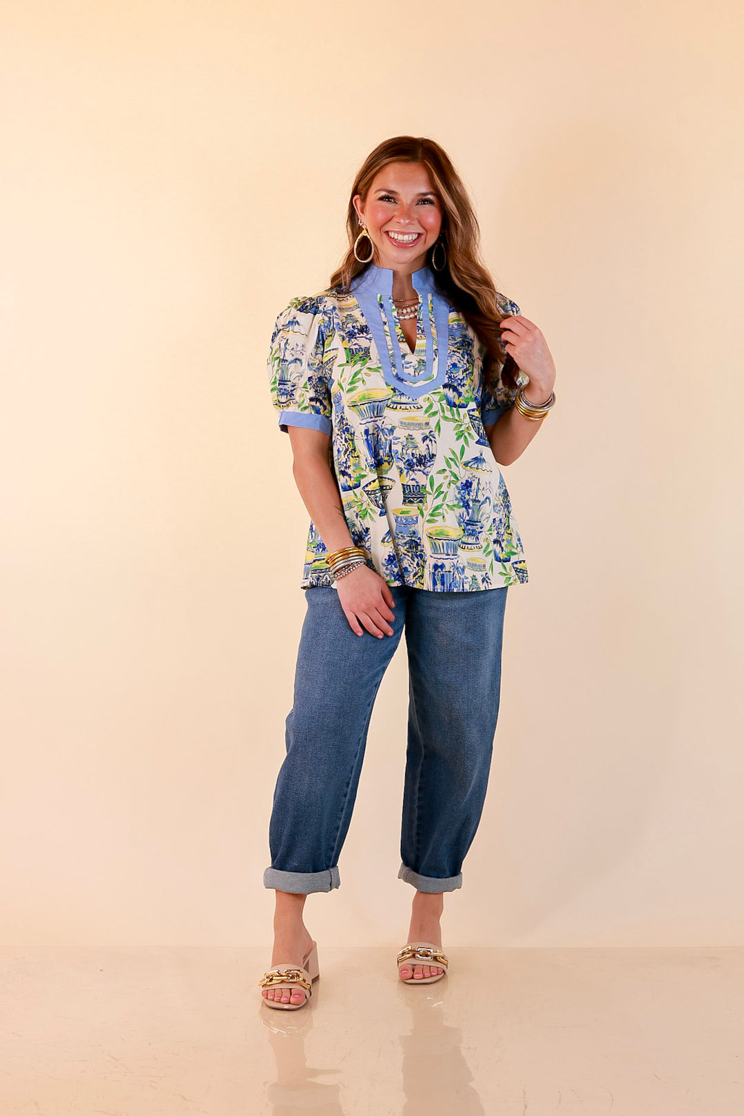 Coast is Clear Vase Print Contrast Trim Top with Puff Sleeves in Blue Multi