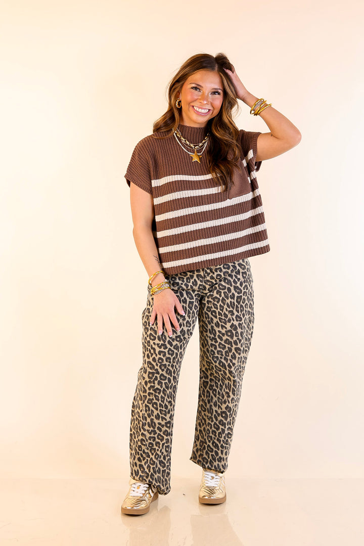 Repeat Worthy Striped Cap Sleeve Cropped Sweater with Front Pocket in Chocolate Brown