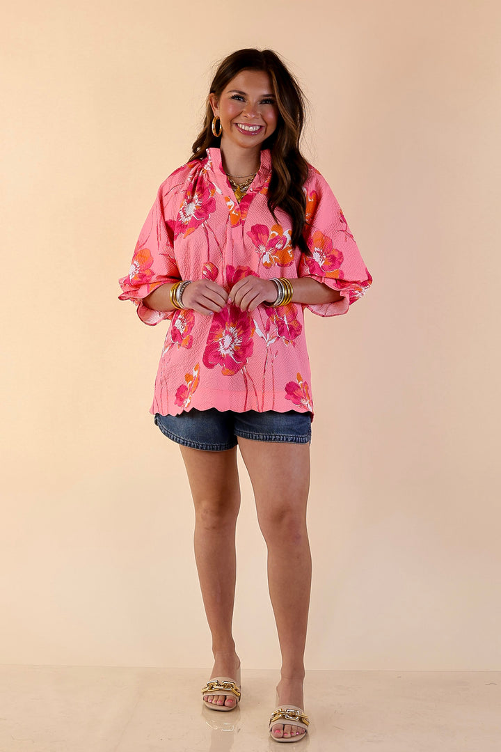 Petal Perfect Floral Print Textured Puff Sleeve Top with Ruffle Split Neckline in Pink Mix