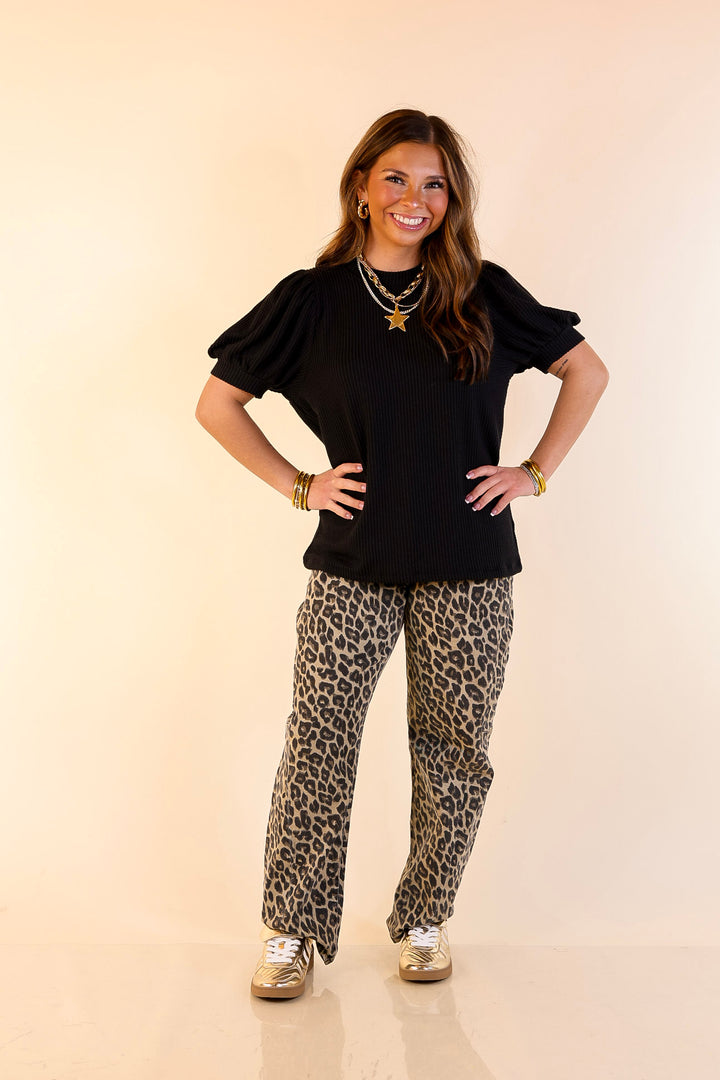 Sweet Sophistication Puff Short Sleeve Ribbed Top with Scoop Neck in Black