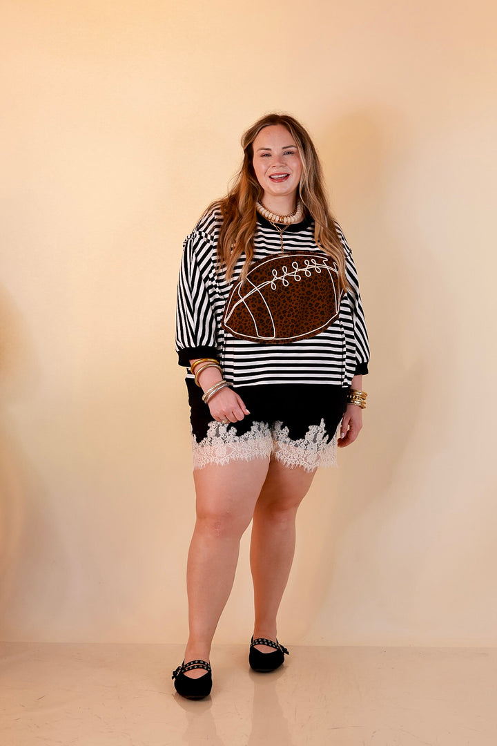 Put Me In, Coach Leopard Football Appliqué Oversized Graphic Striped Top in Black and Ivory