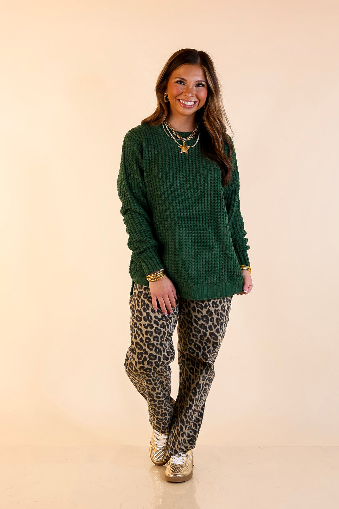 Cool Day Classic Scoop Neck Long Sleeve Large Waffle Knit Sweater in Forest Green