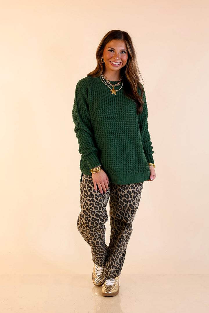 Cool Day Classic Scoop Neck Long Sleeve Large Waffle Knit Sweater in Forest Green