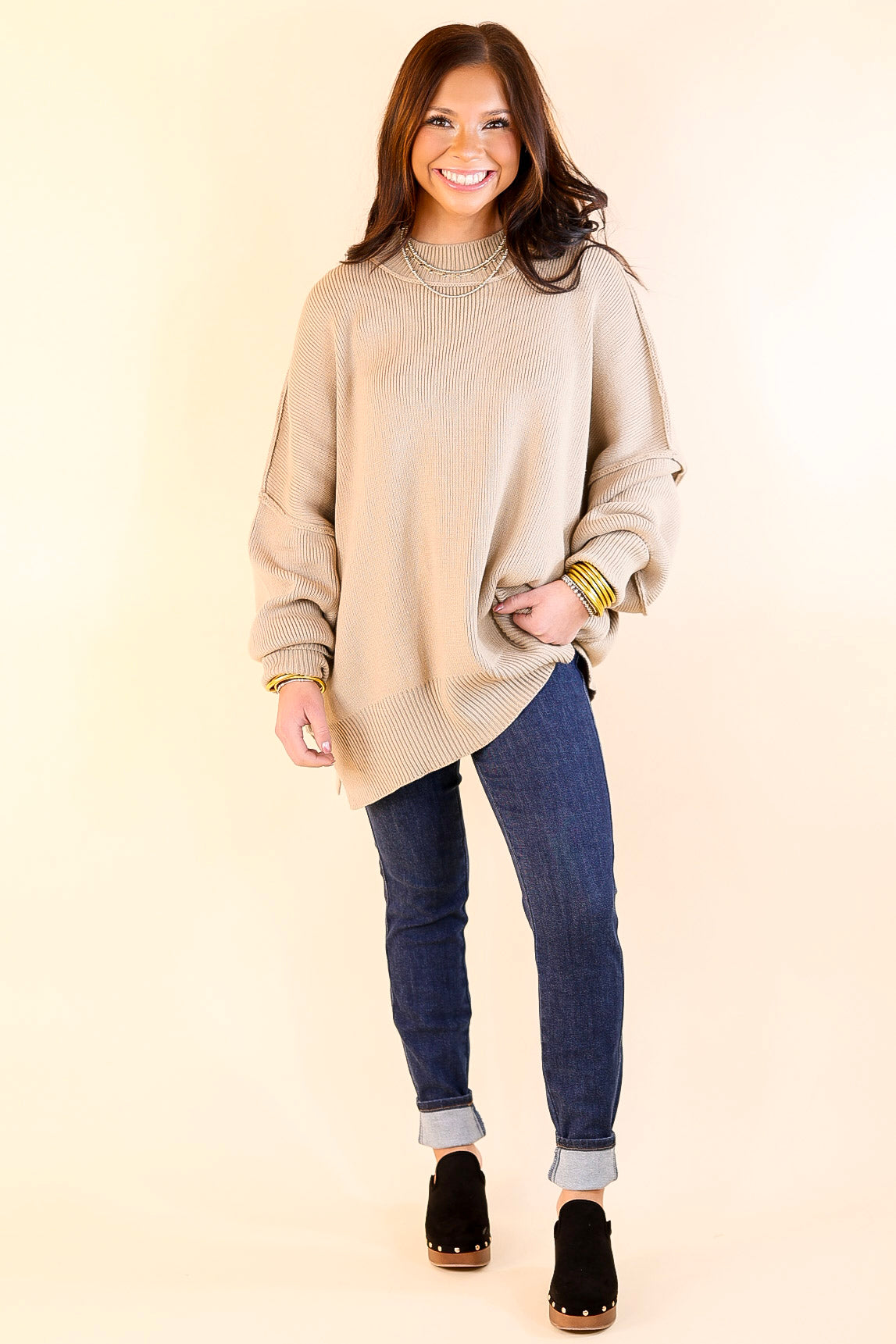 Snug and Stylish Mock Neck Sweater with Side Slit in Light Mocha Brown