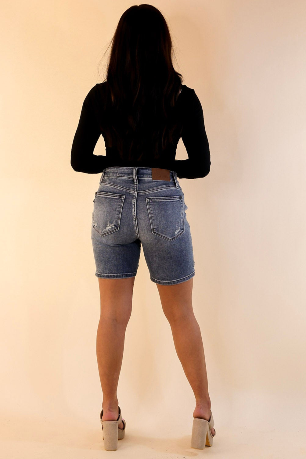 Judy Blue | Spring Bliss Button Fly Mid Length Shorts with Destroy in Medium Wash