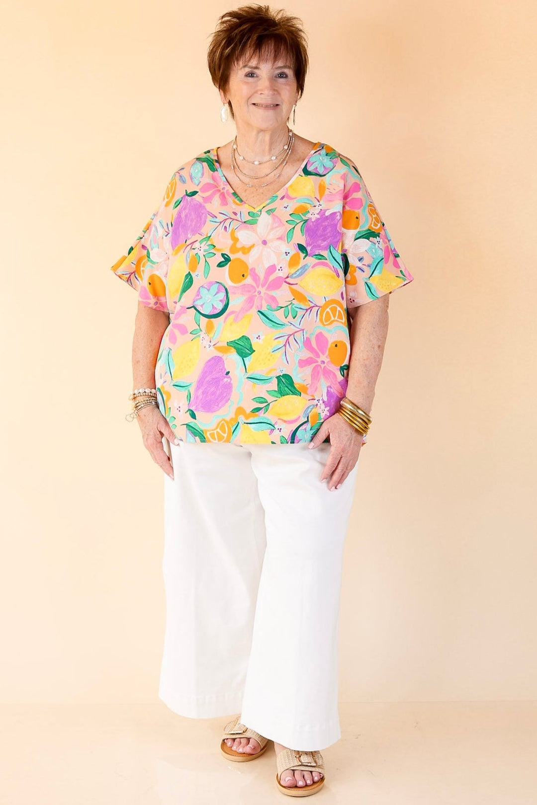 Majestic Moment V Neck Fruit Print Poncho Top in Blush Pink