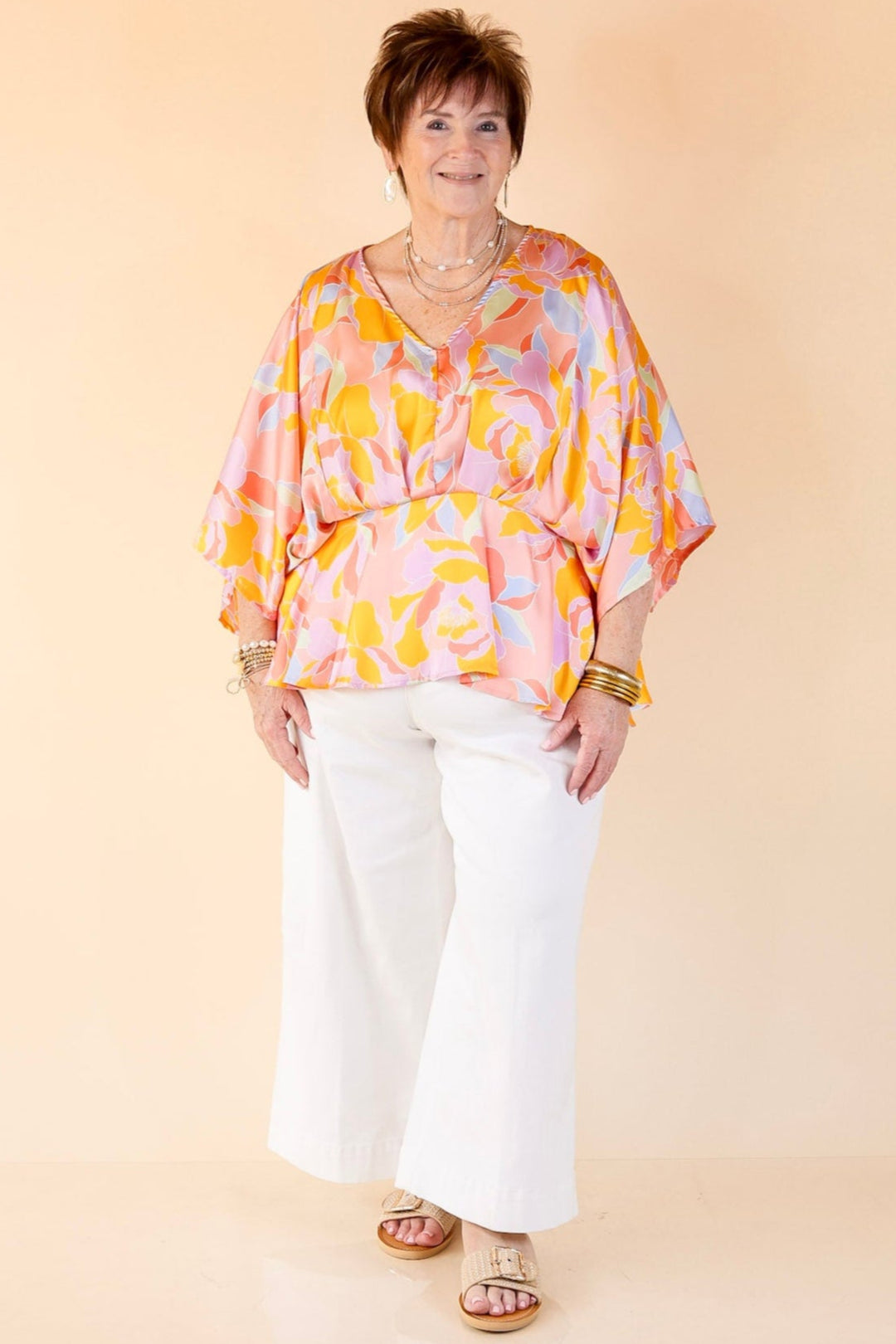 Hear the Music Drop Sleeve Satin Mosaic Print V Neck Peplum Top in Coral Pink Mix