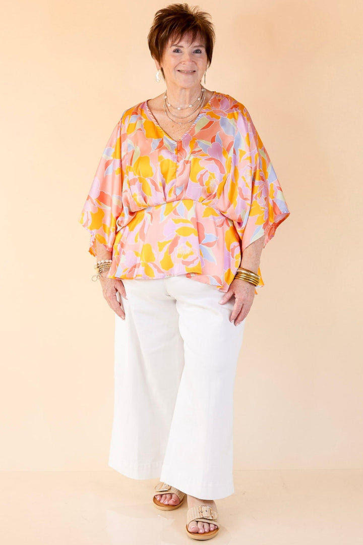 Hear the Music Drop Sleeve Satin Mosaic Print V Neck Peplum Top in Coral Pink Mix