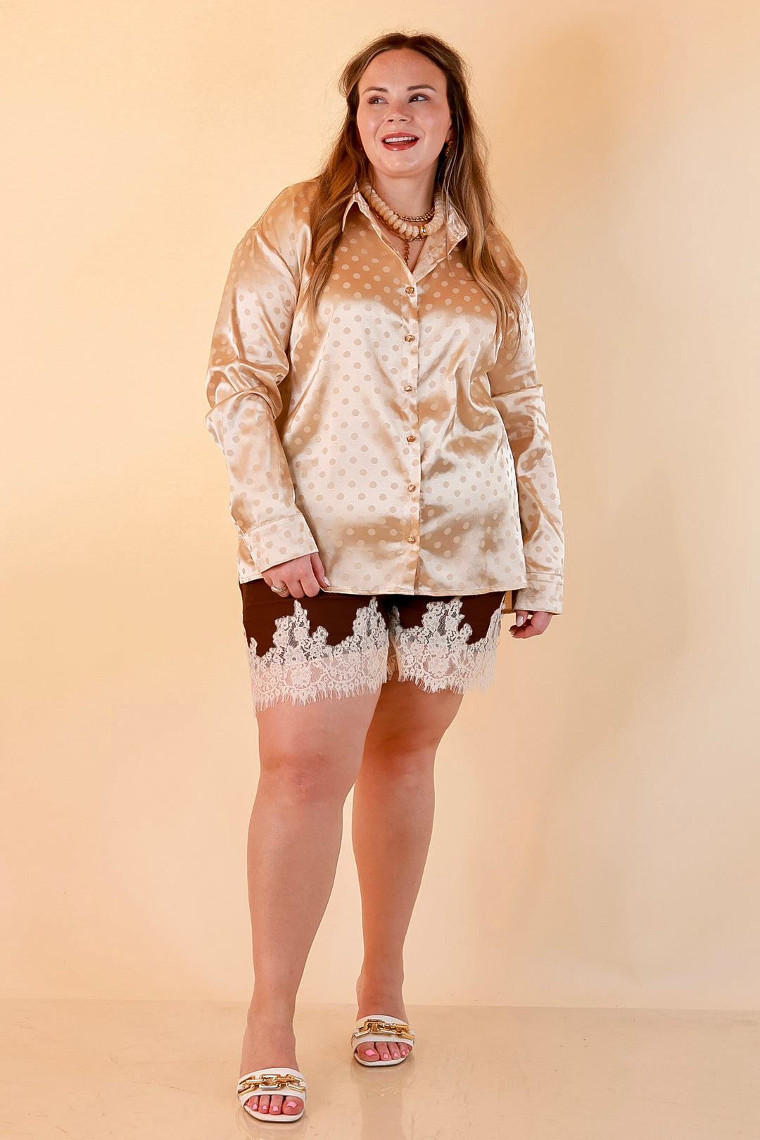 Polished Point of View Satin Collared Polka Dot Button Down Blouse with Gold Buttons in Champagne