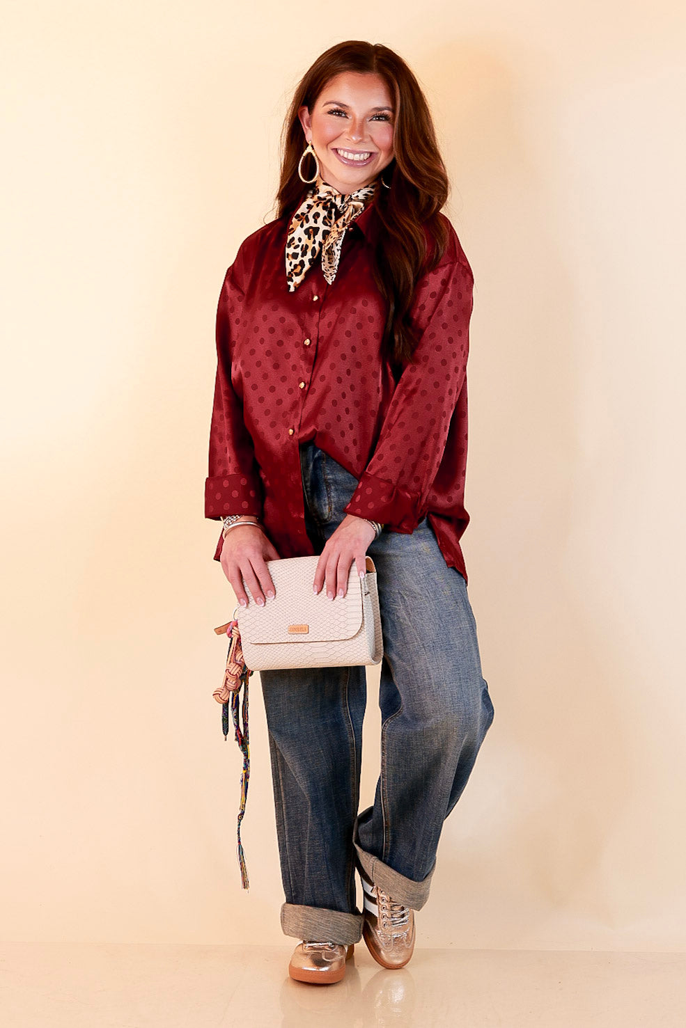 Polished Point of View Satin Collared Polka Dot Button Down Blouse with Gold Buttons in Maroon