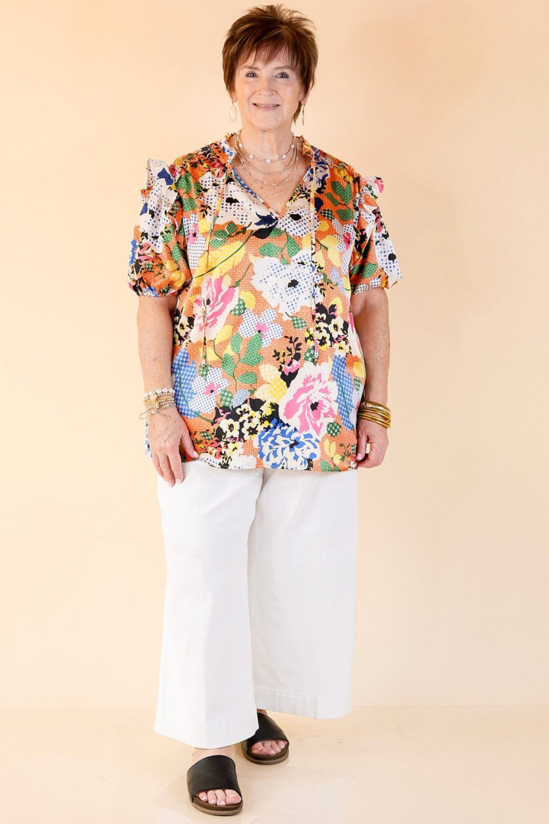 Malibu Villa Floral Print Top with Keyhole and Tie Neckline in Orange Mix