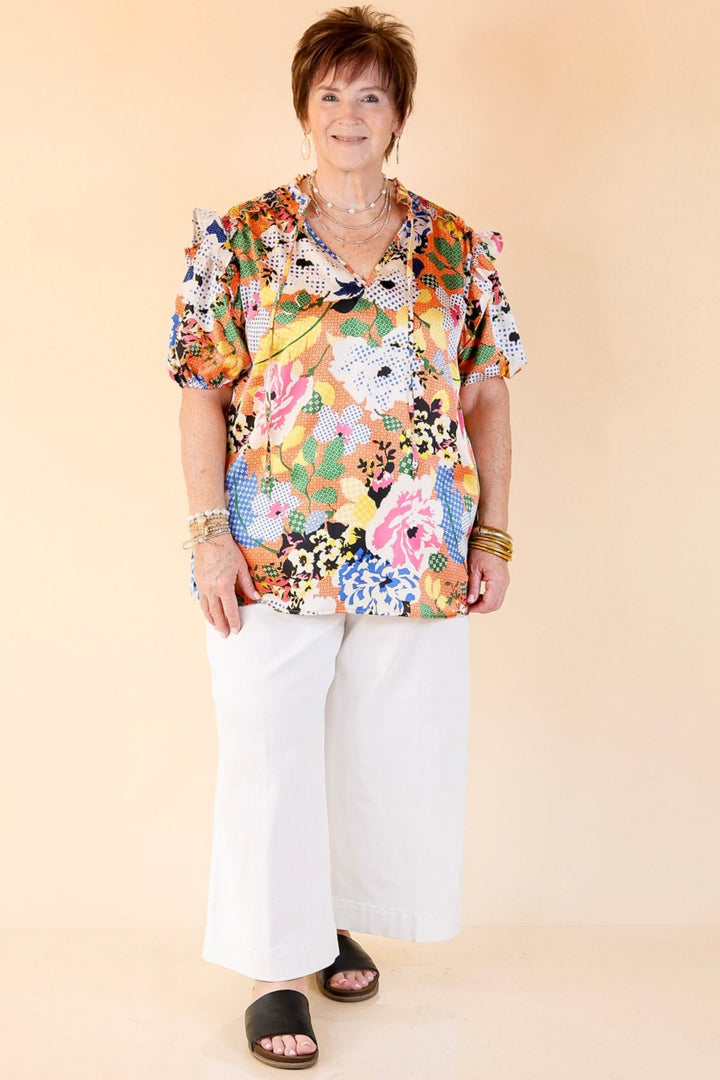 Malibu Villa Floral Print Top with Keyhole and Tie Neckline in Orange Mix