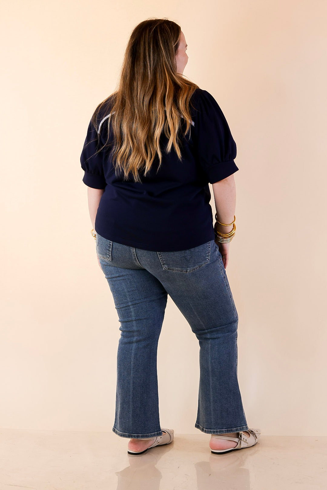 Sleek Sophistication Short Puff Sleeve Top with Striped Collar in Navy Blue