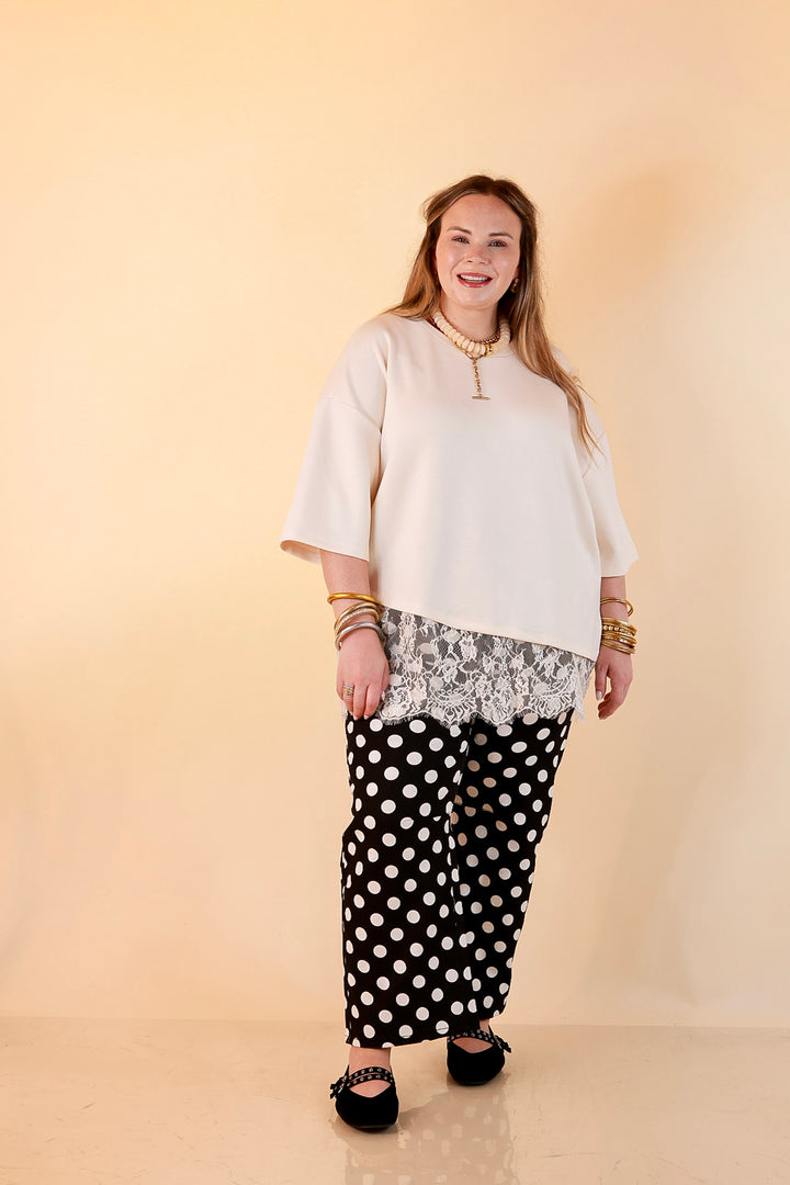 Just My Type Polka Dot Wide Leg Barrel Jeans with Drawstring Waist and Pockets in Black and White
