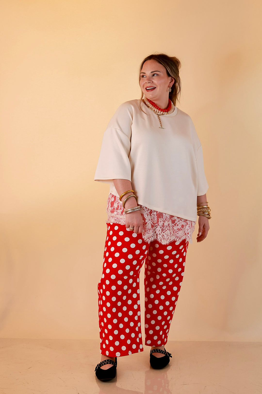 Just My Type Polka Dot Wide Leg Barrel Jeans with Drawstring Waist and Pockets in Red and White