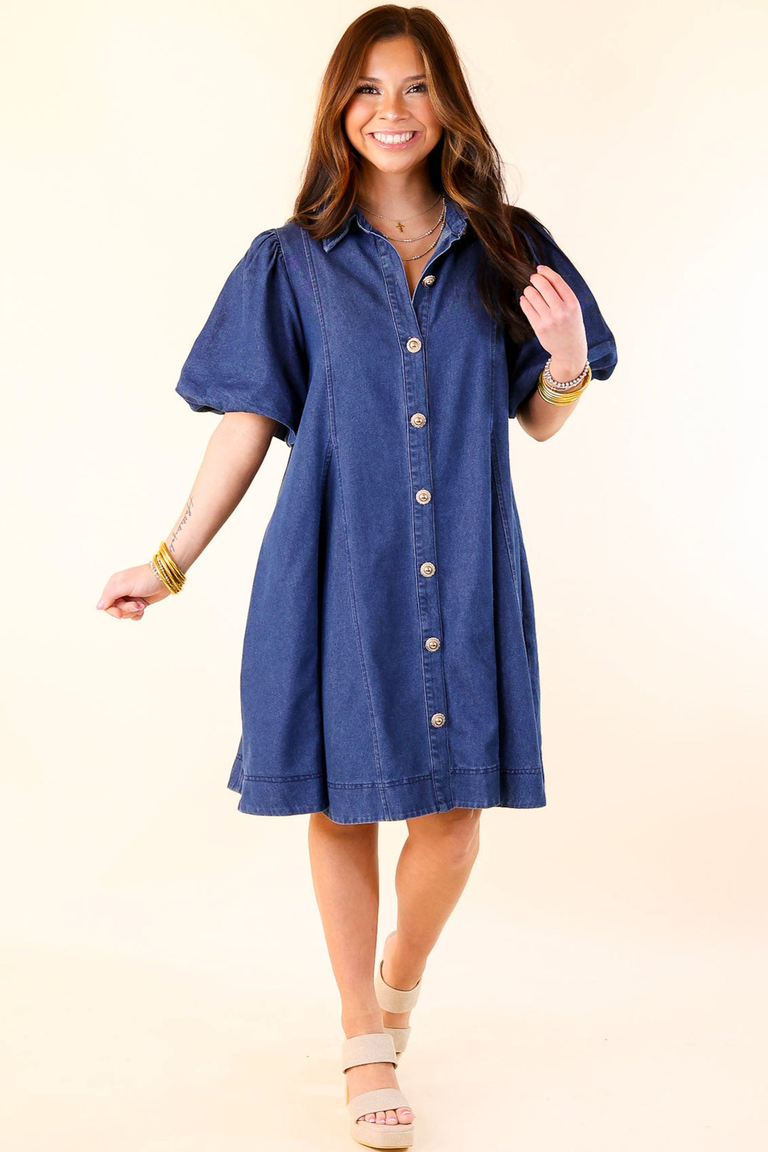 Denim Diva Button Up Denim Dress with Short Puff Sleeves
