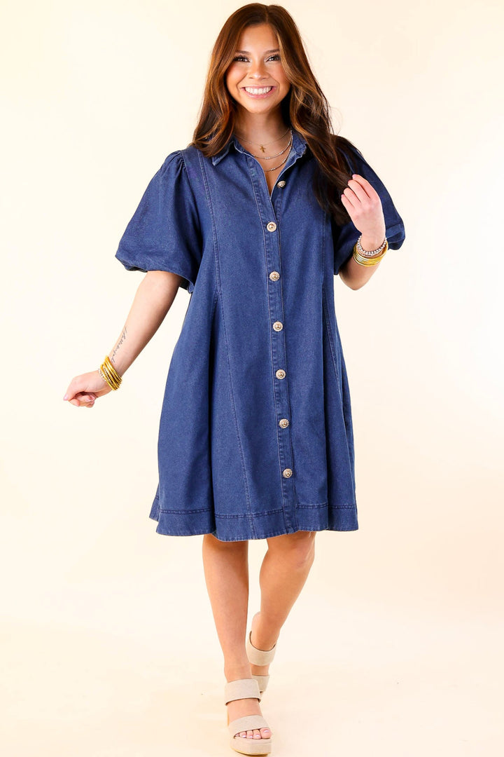 Denim Diva Button Up Denim Dress with Short Puff Sleeves