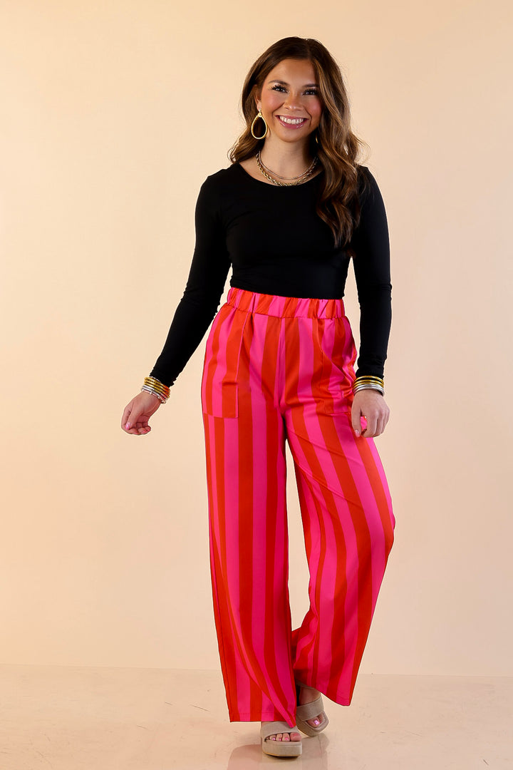 Electric Energy Elastic Waist Wide Leg Stripe Pants with Pockets in Pink and Red
