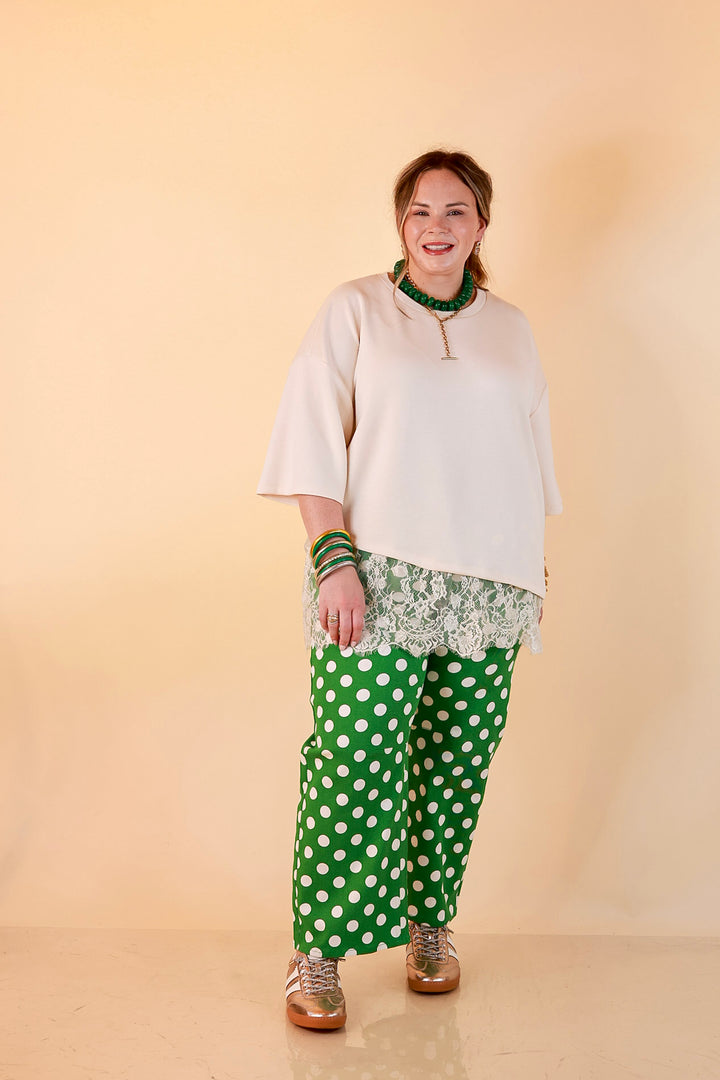 Just My Type Polka Dot Wide Leg Barrel Jeans with Drawstring Waist and Pockets in Green and White