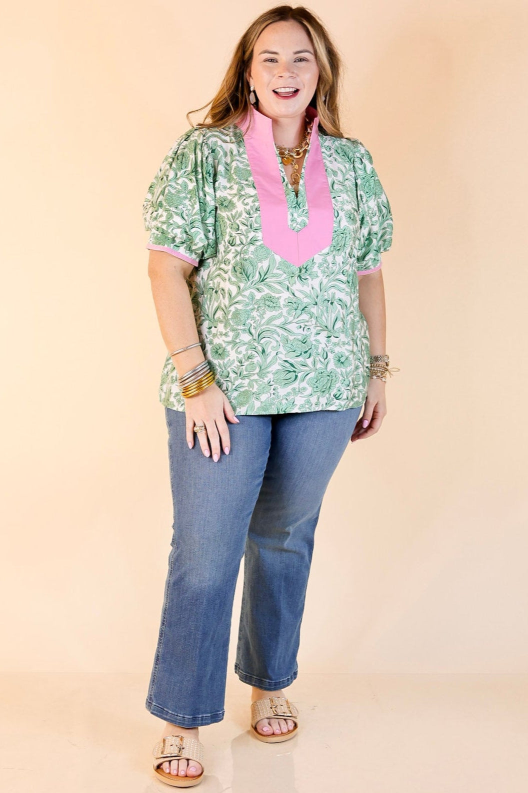 Blush and Bloom Floral Print Top with Short Puff Sleeves in Green