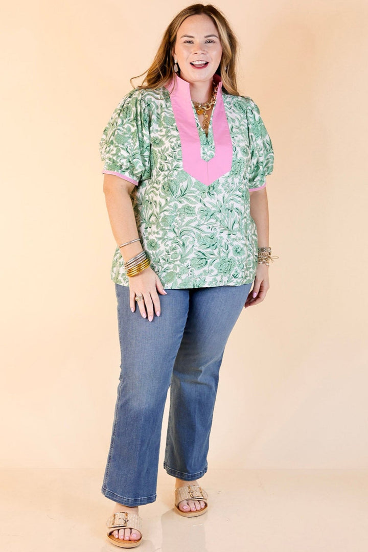 Blush and Bloom Floral Print Top with Short Puff Sleeves in Green