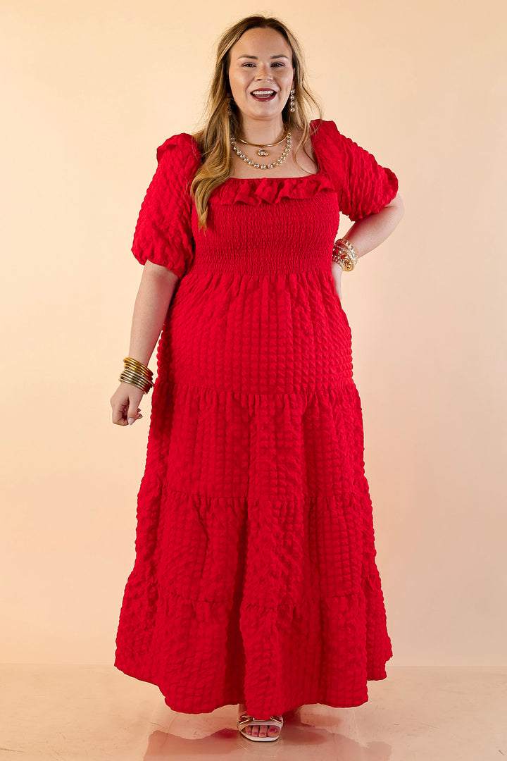 Simply Southern | Radiant Moment Textured Smocked Bodice Tiered Maxi Dress with Puff Sleeves in Red