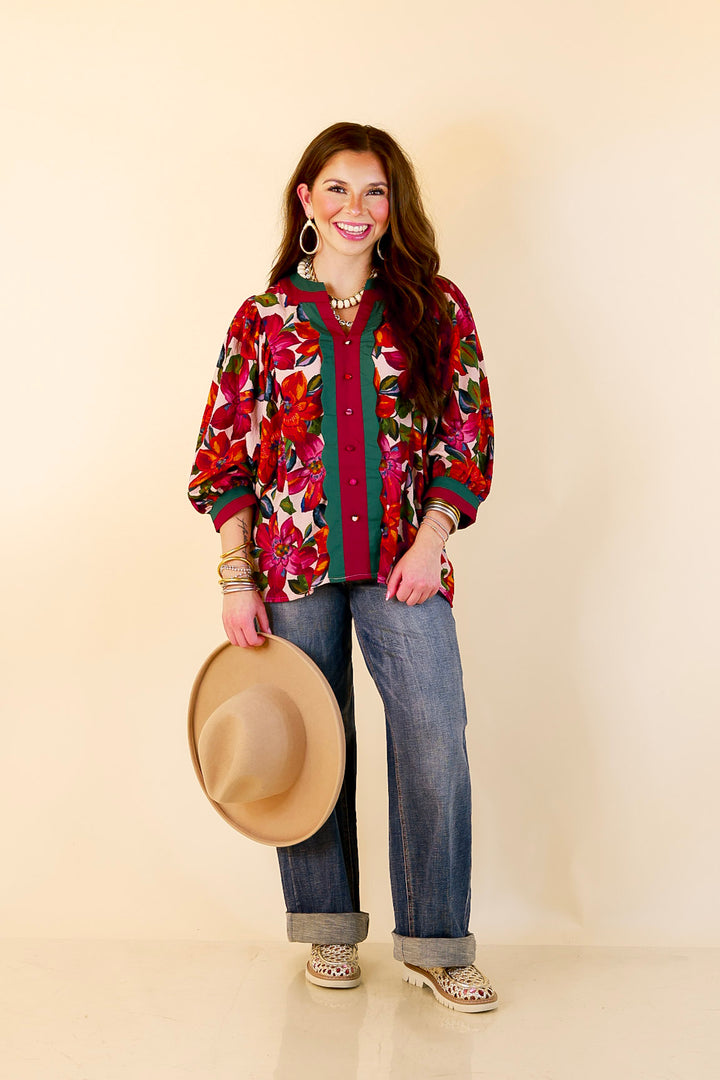 Color Me Confident Floral Print Button Front Contrast Trim Top in Ivory, Plum and Emerald Green