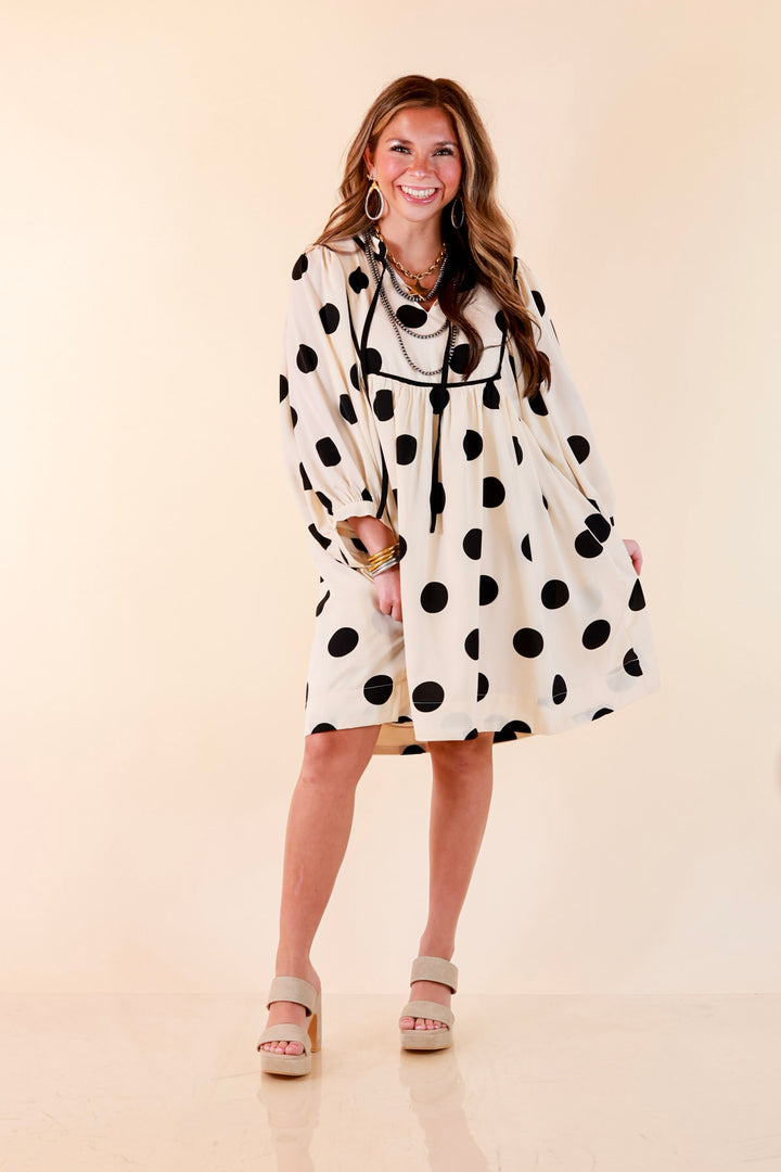 Tea Time Charm Polka Dot Babydoll Dress with Neck Tie and Yoke Detailing in Ivory with Black Dots