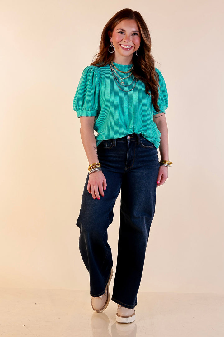Sweet Sophistication Puff Short Sleeve Ribbed Top with Scoop Neck in Turquoise Blue
