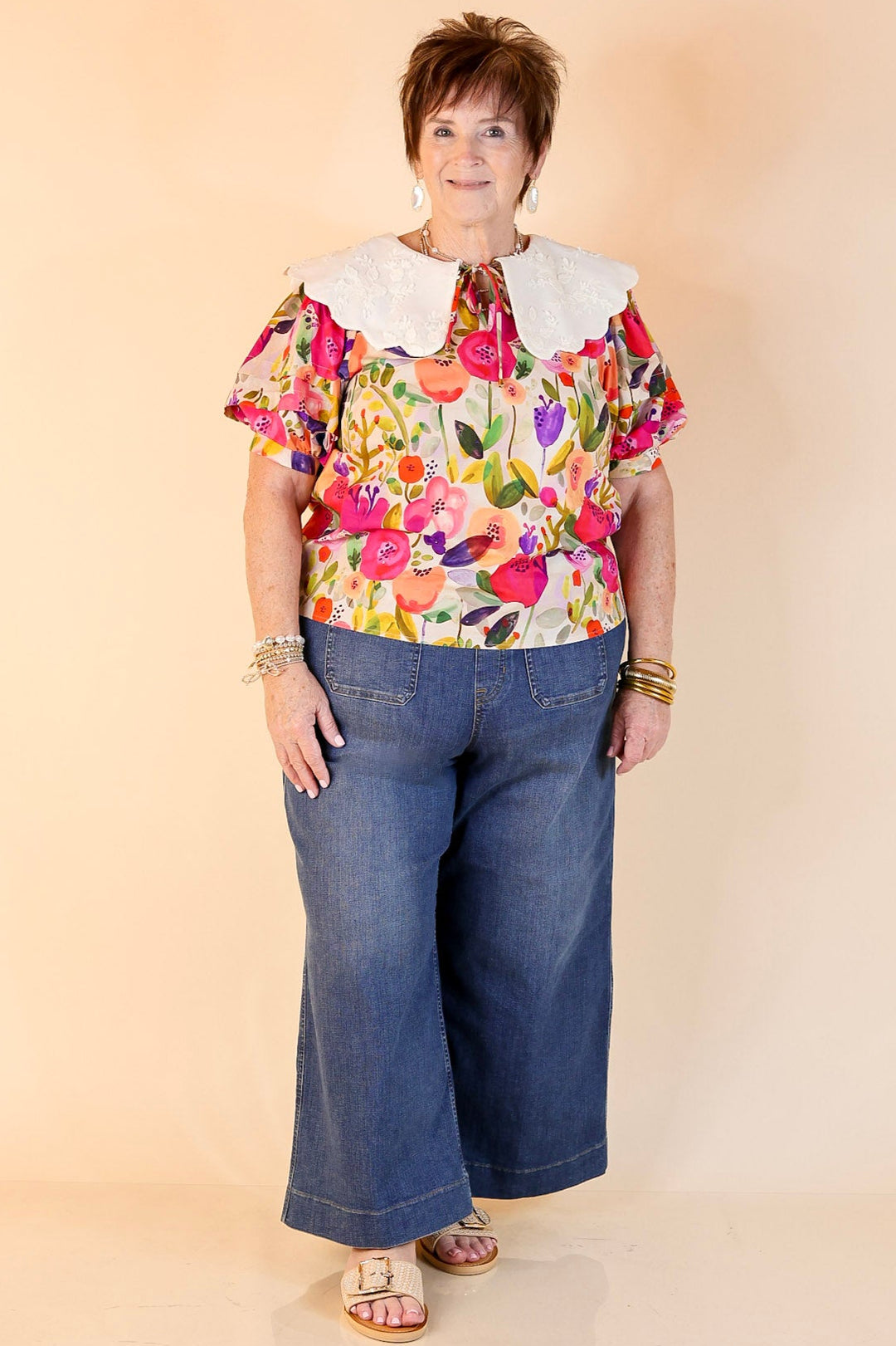 Lovely Look Multicolor Floral Print Top with White Peter Pan Collar