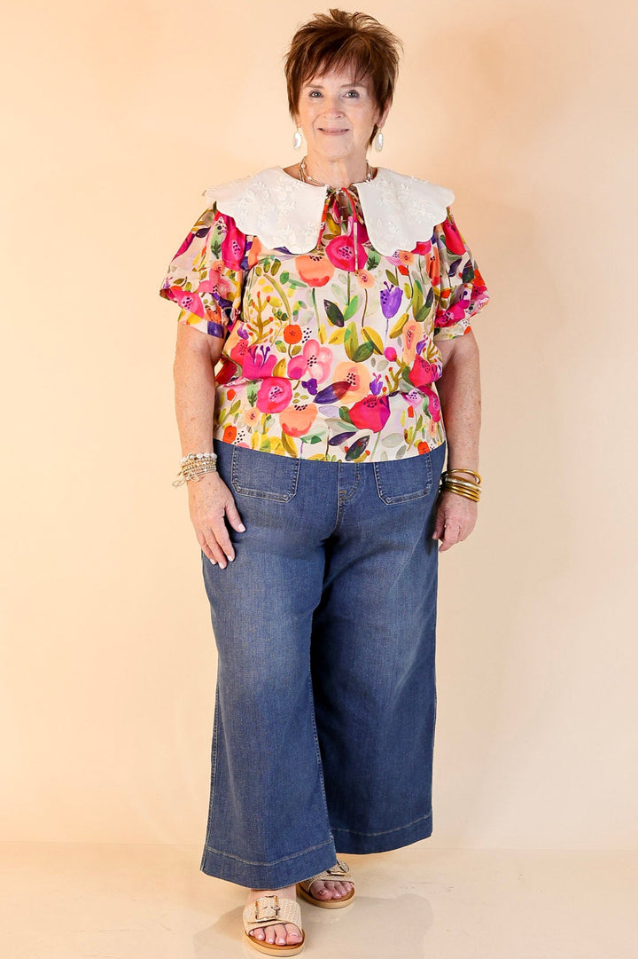 Lovely Look Multicolor Floral Print Top with White Peter Pan Collar