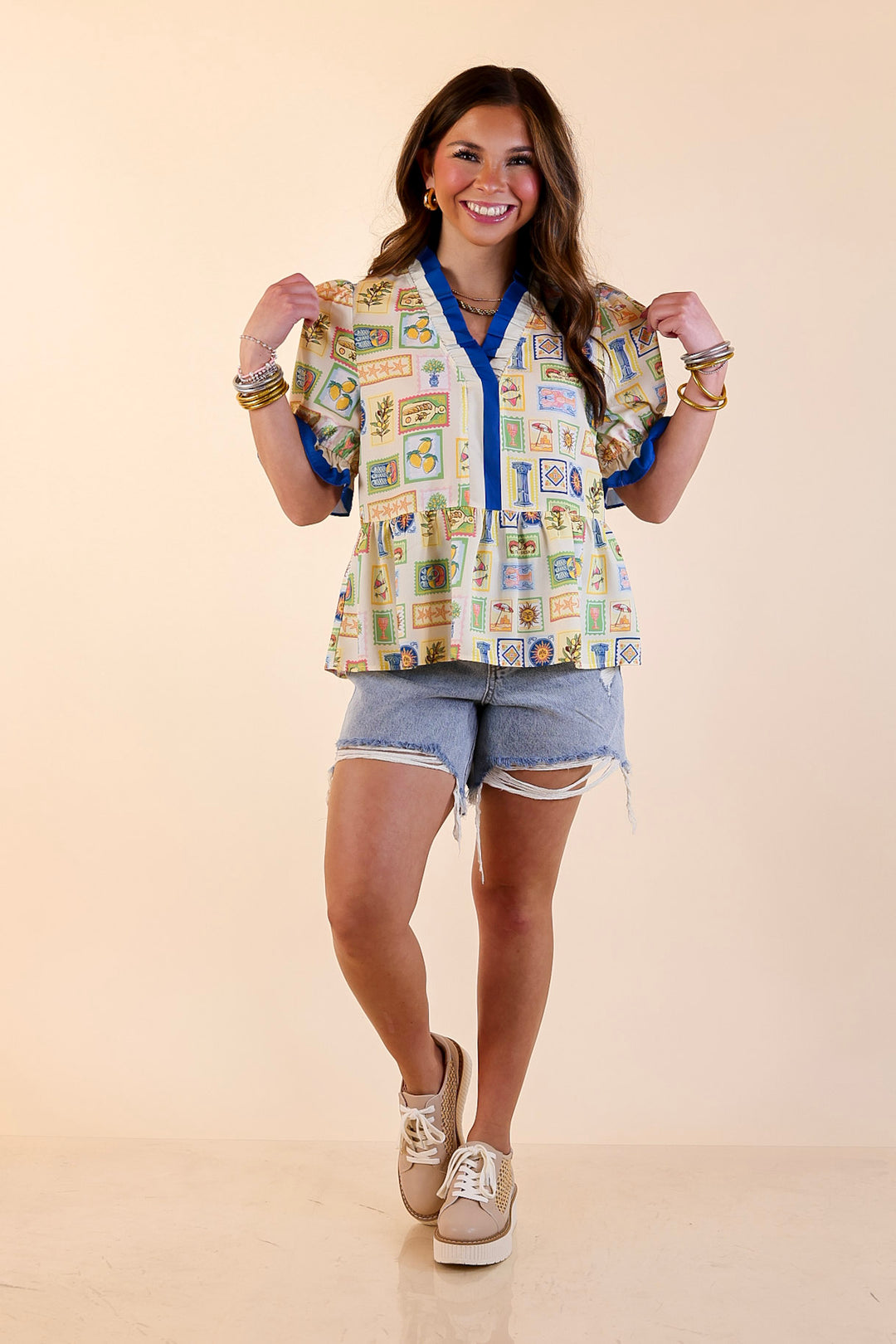 Simply Southern | Sunny Side Style Mediterranean Tile Print Peplum Top with Ruffle Trim in Cream Multi