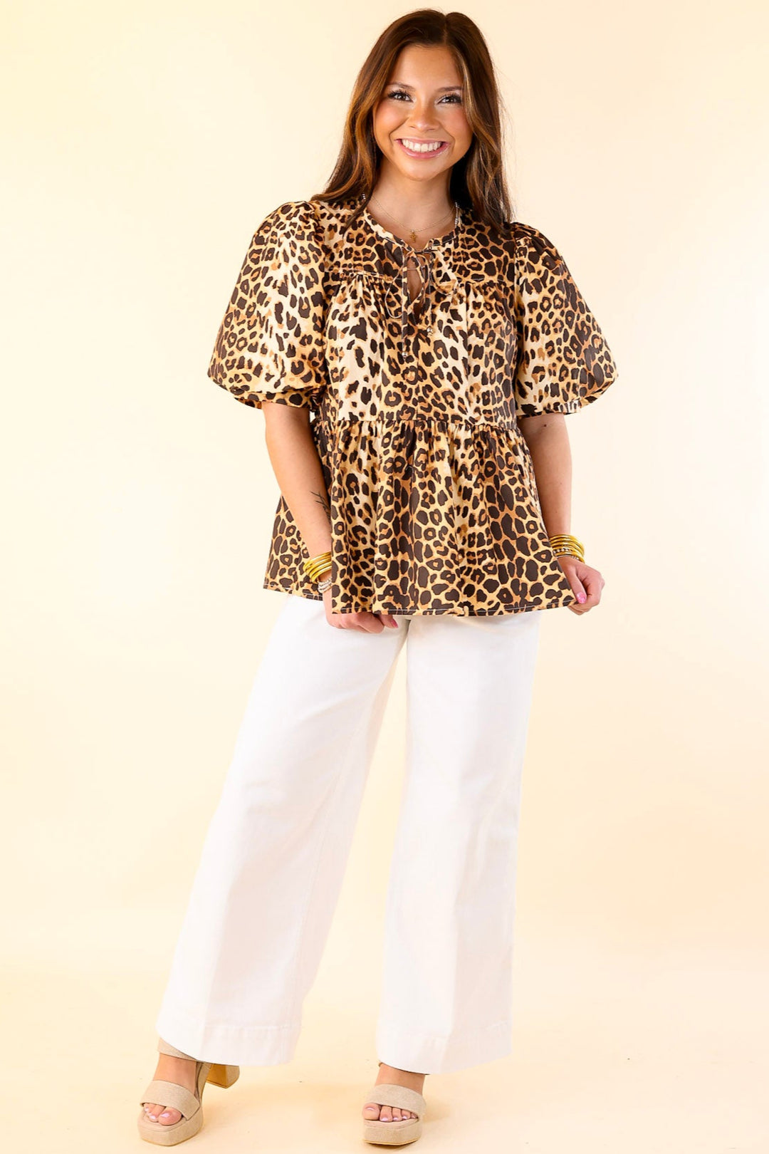 Fierce and Fab Babydoll Top with Short Puff Sleeves in Leopard Print