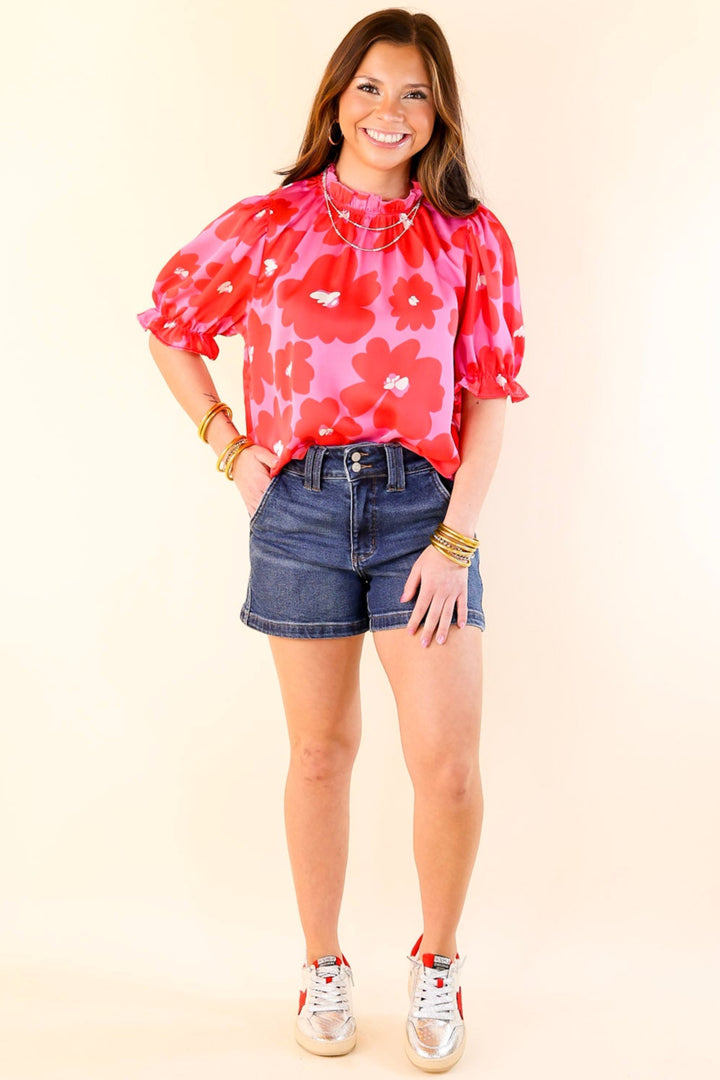 Divine Design Floral Blouse With Puffed Sleeve and Ruffle Neckline in Pink