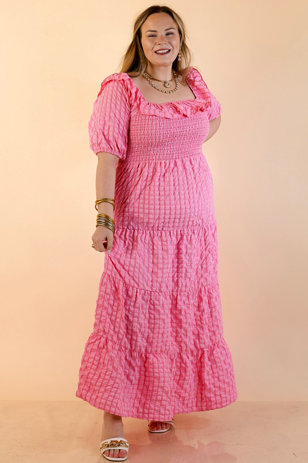 Simply Southern Textured Smocked Bodice Tiered Maxi Dress in Pink – Giddy Up Glamour Boutique