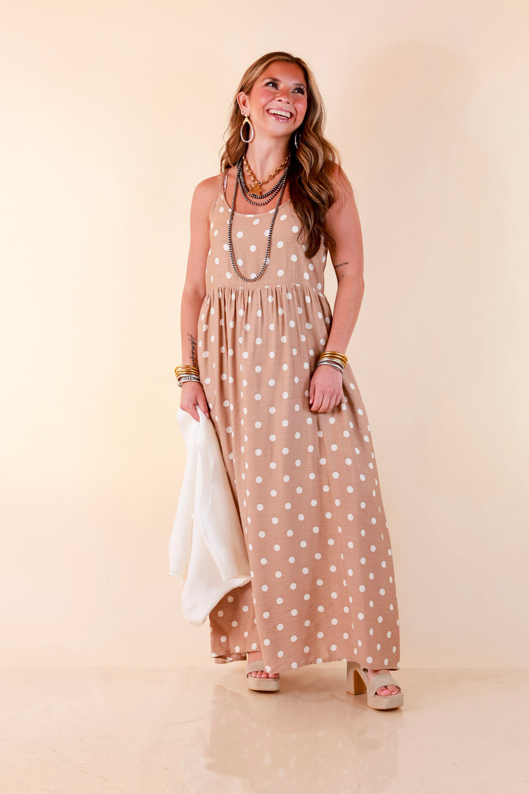 Two Ways to Charm Polka Dot Spaghetti Strap Dress Set with Detachable Ivory Top in Taupe