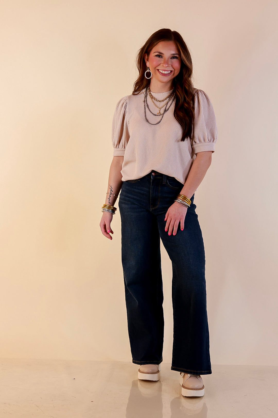 Sweet Sophistication Puff Short Sleeve Ribbed Top with Scoop Neck in Beige