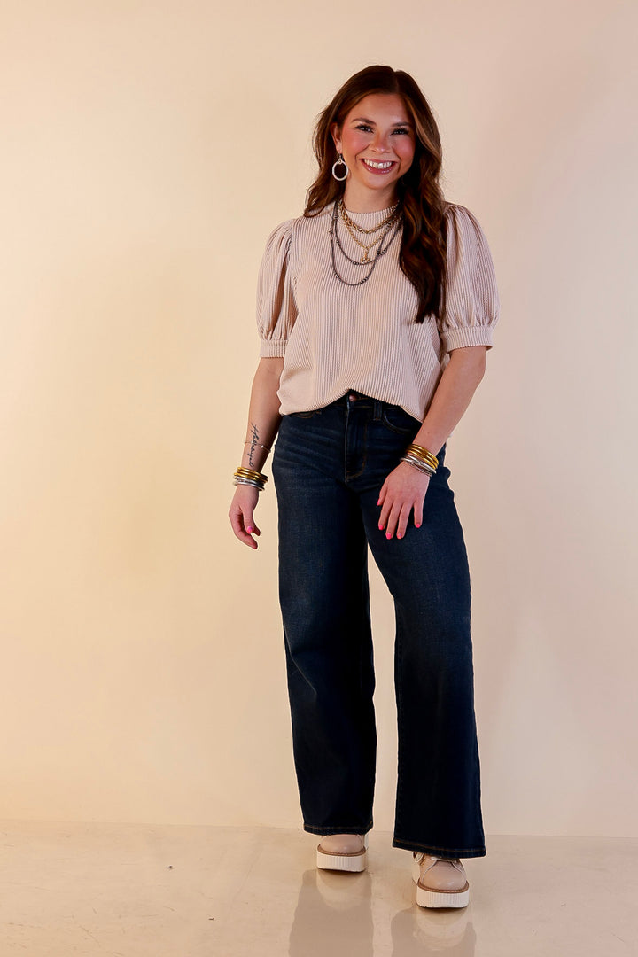 Sweet Sophistication Puff Short Sleeve Ribbed Top with Scoop Neck in Beige
