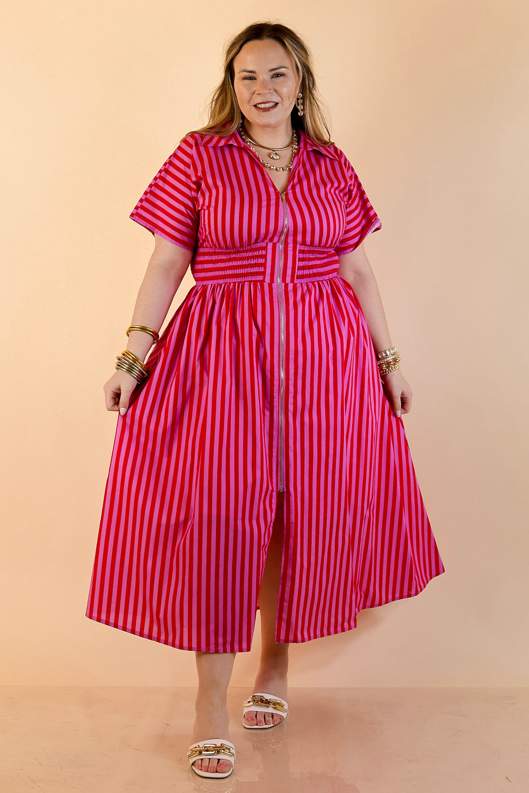 Modern Charm Zip Front Midi Striped Print Dress with Smocked Waist and Short Sleeves in Pink and Red