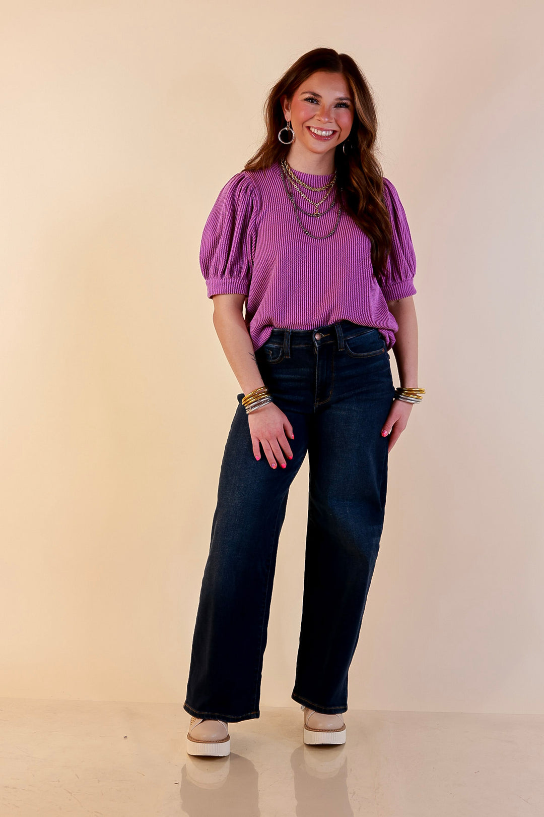 Sweet Sophistication Puff Short Sleeve Ribbed Top with Scoop Neck in Purple