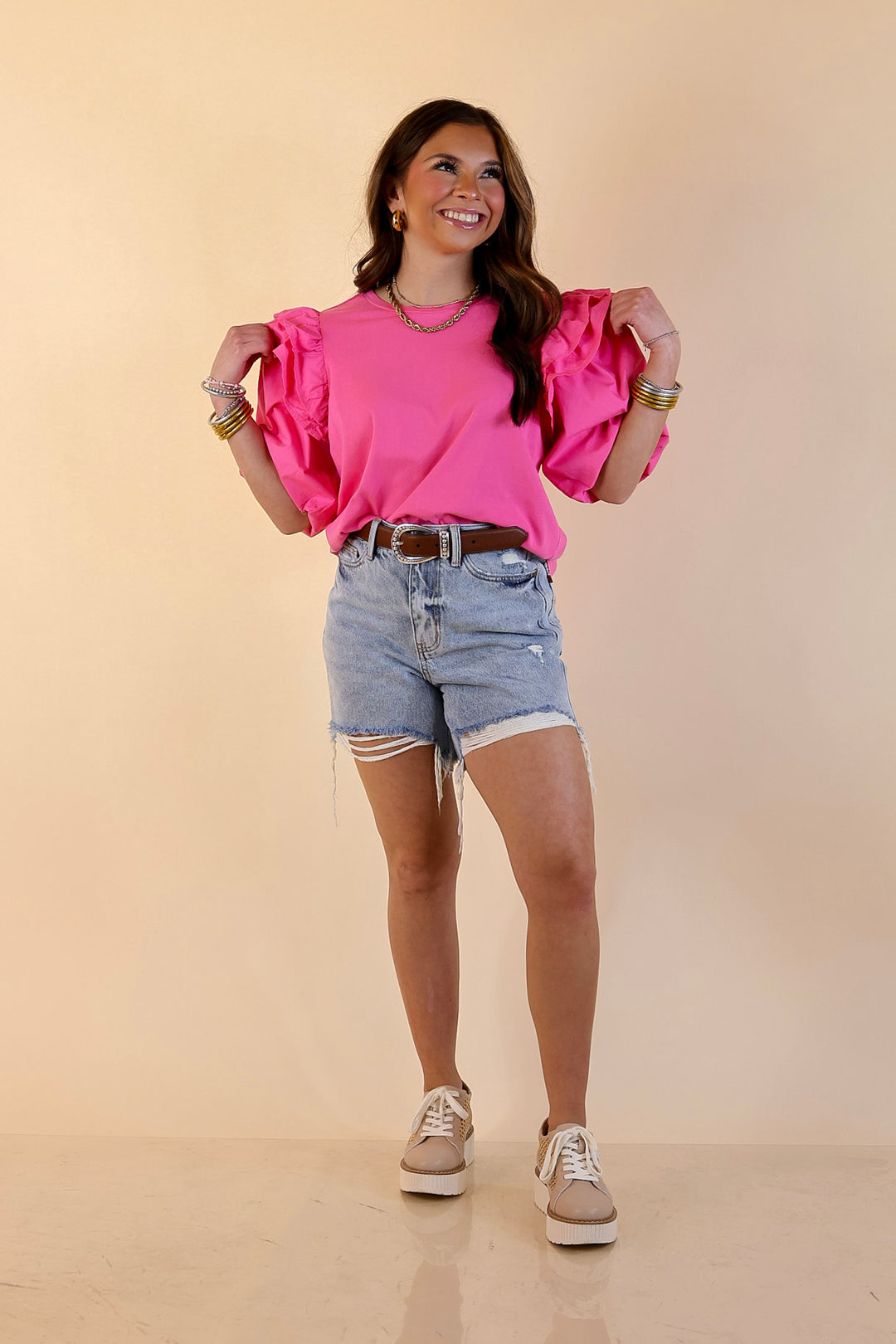 Mud Pie | Standout Style Ruffle Puff Sleeve Knit Top in Hot Pink
