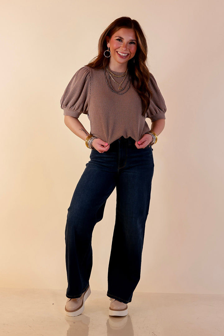 Sweet Sophistication Puff Short Sleeve Ribbed Top with Scoop Neck in Mocha Brown