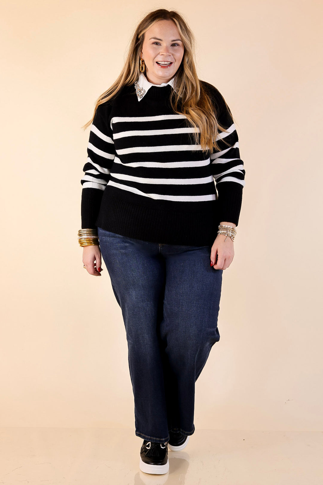 Chilly Day Charm Mock Neck Long Sleeve High-Low Striped Sweater in Black with Ivory Stripes