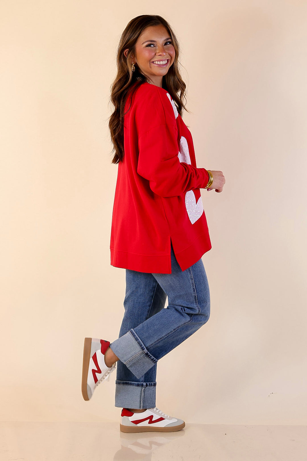 Mud Pie | Heart on My Sleeve Oversized Sequin Hearts Graphic Sweatshirt in Red