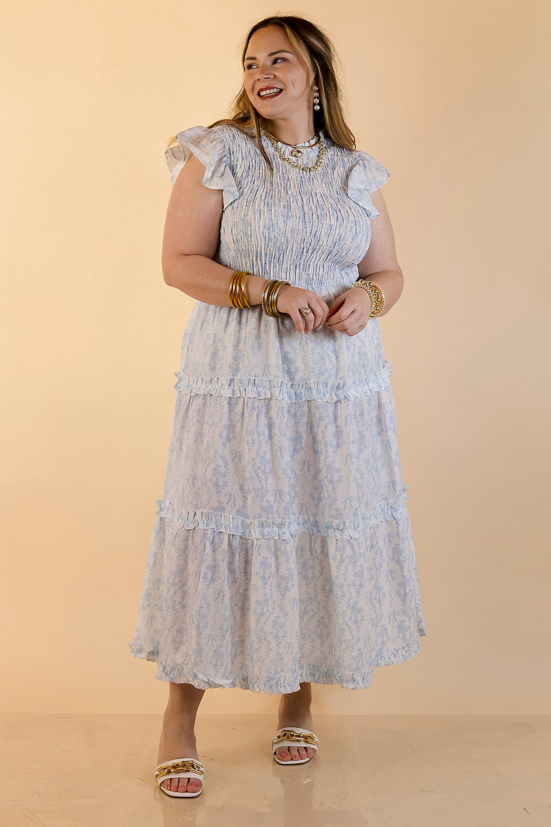 Mud Pie | Graceful Charm Smocked Toile Print Tiered Midi Dress with Ruffle Sleeves in Blue and White